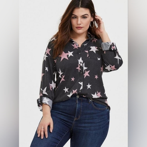 Torrid Taylor relaxed fit rayon twill button up shirt star design long sleeve 5X - Picture 3 of 15